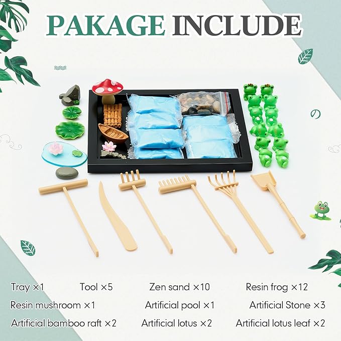 Soulchen Zen Garden Kit for Desk Decor Christmas Sand Zen Garden Gifts Mini Sandbox Set with Black Wooden Tray, Sand, Tools & Accessories Japanese Gifts for Meditation Room Office Home