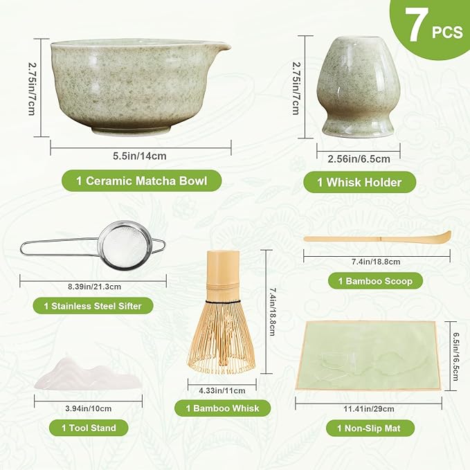 7Pcs Matcha Whisk Set - Matcha Bowl with Spout, Bamboo Whisk (Chasen), Holder, Stainless Sifter, Tea Scoop, Tea Towel, Scoop Rest. Full Japanese Ceremony Matcha Kit, Ideal Gift for Tea Fans (Green)