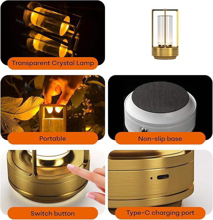 Portable Metal Table Lamp for Indoor/Outdoor ,Rechargeable Cordless LED Lamp, 3-Colour Infinitely Dimming Battery Powered Small Desk Lamp, Restaurant/Bedroom/Bar/Coffee/Camping Light (Gold Set of 2)