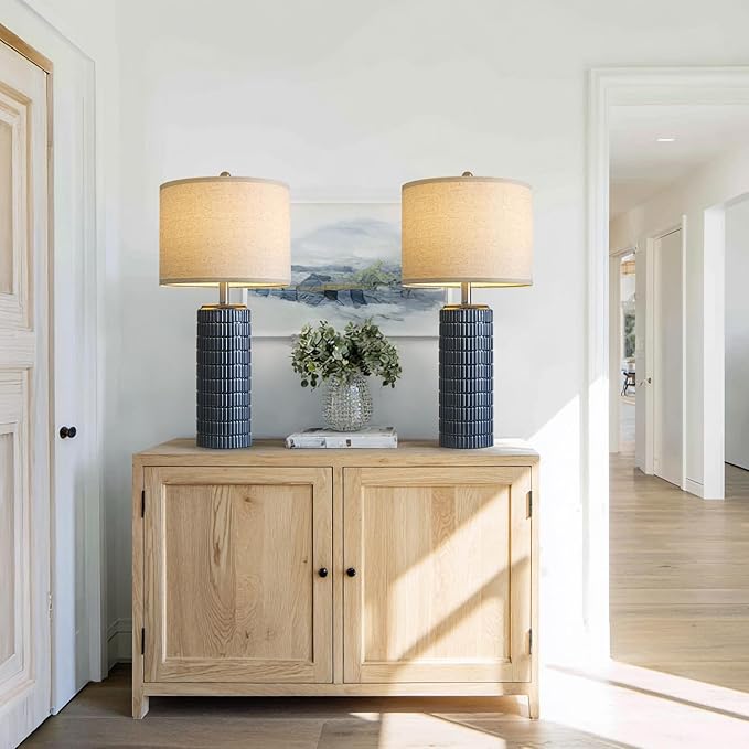 PoKat 27.5'' Tall Table Lamps for Living Room Set of 2, Ceramic Bedroom Lamps for Night Stands, Modern Bedside Lamps for Bedroom Living Room, Nightstand Lamps for Side End Table Hallway, Blue