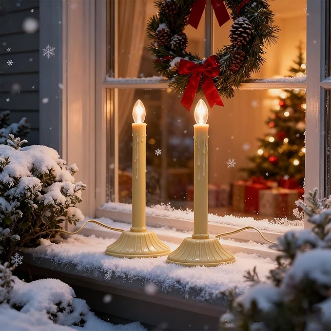 1 Light Electric Window Candles, Pack of 2 Christmas Candle Lights with 4 C7 Clear Bulbs(2 Spare), Plug in Electric Candles for Window Christmas Weddings Home Table Decorotions, Ivory