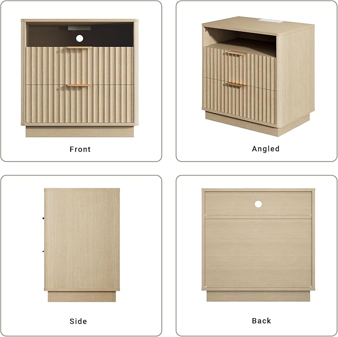 Large Fluted Nightstand with Charging Station, 23" Modern Farmhouse Night Stand, 2 Drawers End Table with Storage, Bedside Table for Bedroom Sofa Home Office, Curved Profile (Natural Oak)