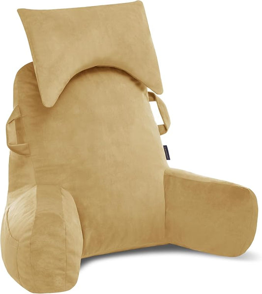 Portable Reading Pillows with Headrest for Bed Sitting Up(Camel Oeko-Tex), Velvet Back Pillow with Arms & Pockets for Adults, Support Memory Foam Bed Pillow for Dorm/Reading/Watching/Gaming
