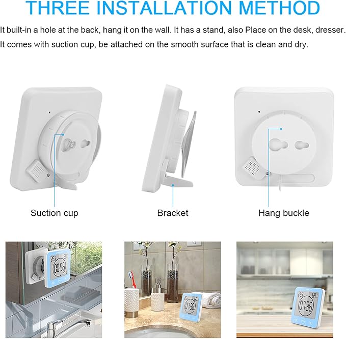 Digital Bathroom Shower Wall Clock Timer, LCD Digital Wall Clock with Suction Waterproof Temperature Humidity Gauge, Touch Screen Timer, Large Countdown Visual Timer Hanging Wall Clock