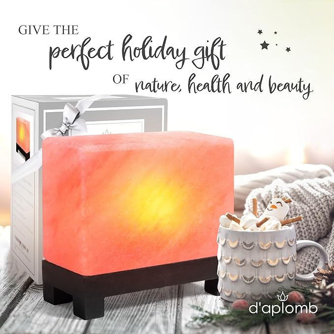d'aplomb 100% Authentic Natural Himalayan Salt Lamp;Hand-Carved Modern Rectangle Rare Pink Crystal Rock Salt from The Himalayan Mountain; Footed Wood Base, Dimmer Cord; 11.5 lbs