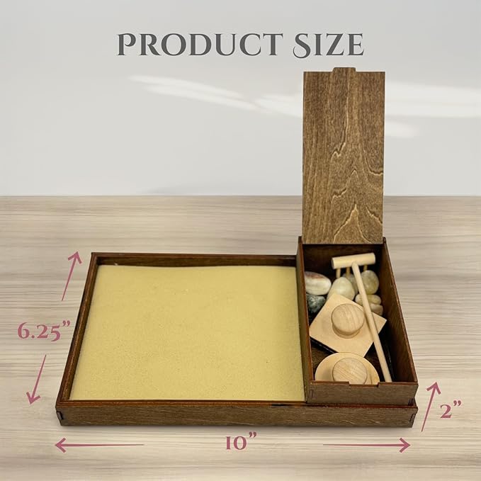 Wooden Zen Garden with Storage Box | Desert Luxe Sand with Rake & Accessories | Minimalist Decor Gift for Relaxation