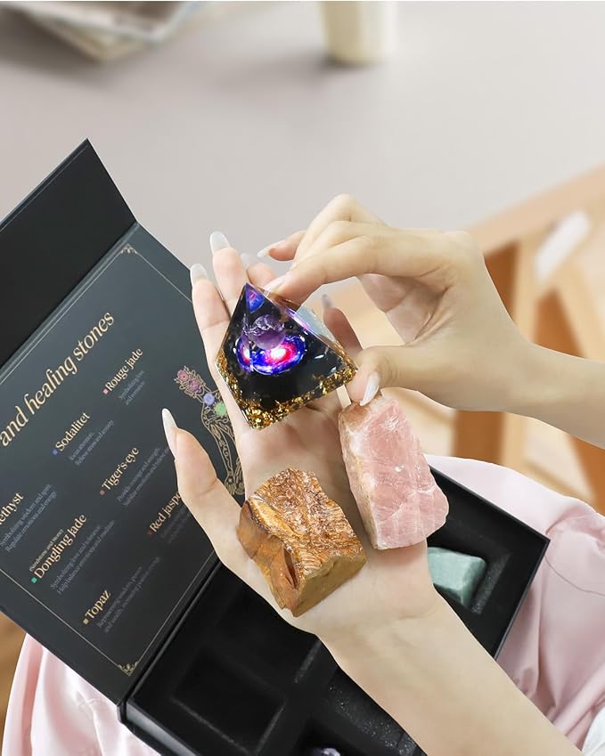 Crystals and Healing Stones Set with Orgonite Pyramid - (2-2.5 inch) Large 7 Chakras Stones, Positive Energy Healing Stones for Meditation Spiritual Protection, Christmas Birthday Gifts for Women