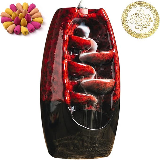 INONE Ceramic Incense Burner with 100 Upgraded Cones, Waterfall Backflow Incense Holder, Aromatherapy Ornament, Zen Decor, Home Decor, Room Decor (Red)