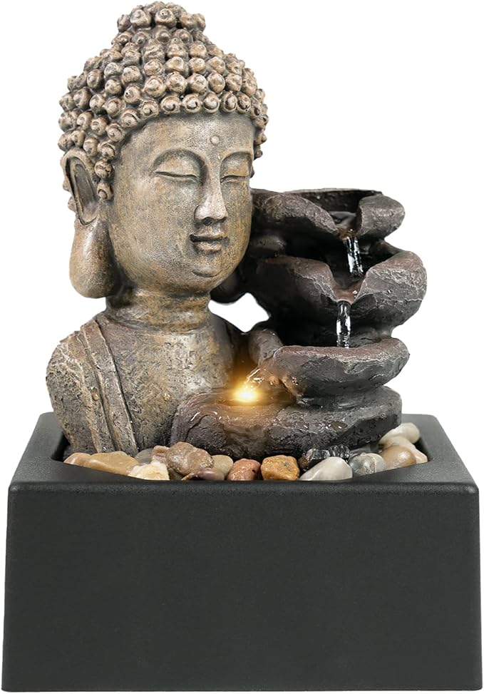 Ferrisland Tabletop Waterfall Fountain Indoor - Buddha Water Fountains 4-Tier Tabletop Waterfall of Zen Meditation Buddha Fountain with LED Warm Light for Office Home and Bedroom Desktop Decor