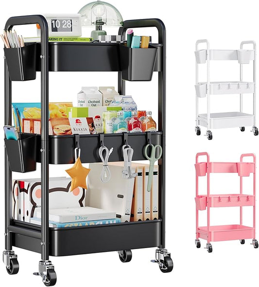 3 Tier Rolling Cart with Lockable Wheels, Metal Diaper Caddy Cart Organizer for Baby Essentials, Black Storage Utility Cart for Craft, Snack, Rolling Carts with Wheels for Lash Techs, Art, Bathroom