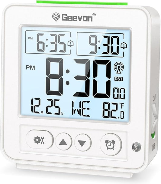 Geevon Small Digital Atomic Alarm Clock for Bedroom, Travel Table Clock with Auto/8s Backlight, 2 Alarm, Temperature, Desk Clock Battery Operated for Deep Sleepers Kids Elderly Home Office, White
