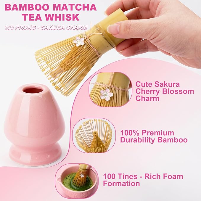 7 Pcs Matcha Whisk Kit, Cherry Blossom Matcha Set for Beginners and Enthusiasts with Bowl, Whisk and Holder, Bamboo Scoop, Scoop Rest, Sifter, and Towel, Perfect as a Gift