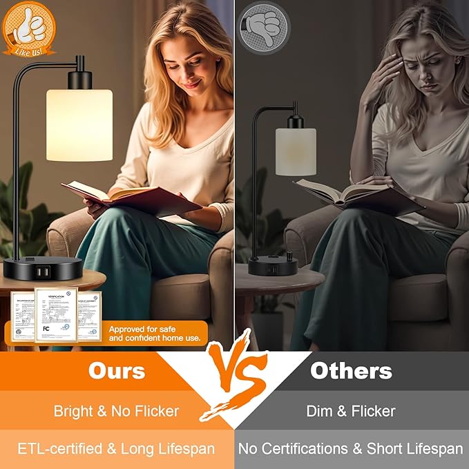 Set of 2 Industrial Touch Control Table Lamps with 2 USB Ports and AC Outlet - 3-Way Dimmable Black Bedside Lamp Nightstand Desk Lamps for Bedroom Living Room, Opal Glass Shade & 2 LED Bulbs Included