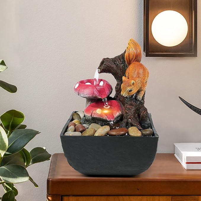 Ferrisland Tabletop Water Fountain Indoor - 3 Tiered Waterfall Fountain Indoor Desktop Water Feature with Light Squirrels Animal Sculpture Relaxation Fountains for Office Home Decor, Gift Idea