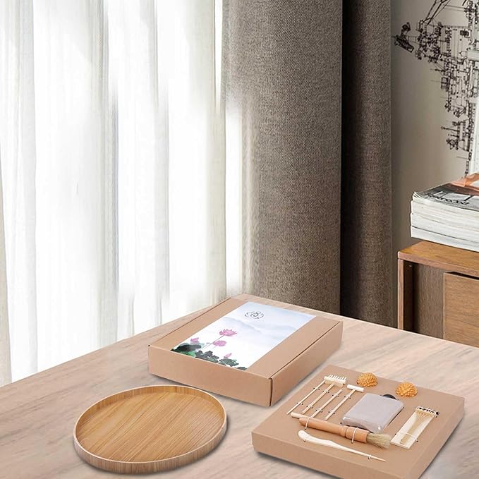 Japanese Zen Garden for Desk, Dorhui Sand Tray Therapy Kit Meditation Gifts - 12”Large Round Bamboo Tray, 7Pcs Mini Zen Garden Rake Kit, Stamp Spheres for Home, Office, and Classroom