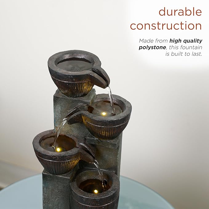 Alpine Corporation TZL416 14" Stoned Jar Water Fountain with Cascading LED Lights, Stylish Tabletop Water Feature for Home, Office, Living Room, Bedroom & Desk Decor, Gray