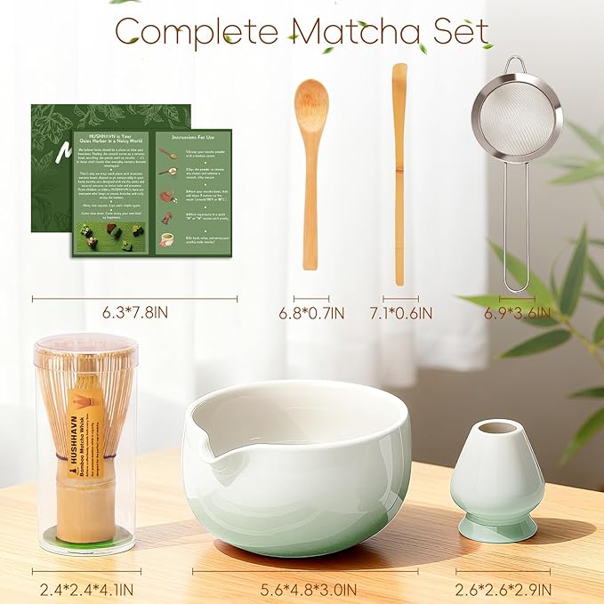 Matcha Whisk Set, Ceramic Matcha Set Includes Bowl & Holder, Bamboo Whisk (Chasen), Scoop, Spoon and Sifter, 6PCS Matcha Kit Covers Everything Needed for Making Matcha (Green)