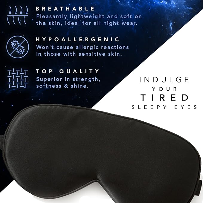 Sleep Mask - 100% Pure Mulberry Silk Eye Mask - with Foam Ear Plugs & Anti Snoring Nose Clip - for Men & Women - Great for Travel - Hypoallergenic Mask