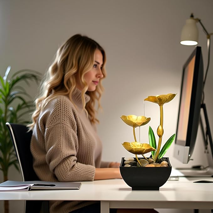 Gold Tabletop Water Fountain, Fall Decor Desktop Waterfall, Indoor Lotus Desktop Decorative Fountain, Home Bathroom Bedroom Decor.