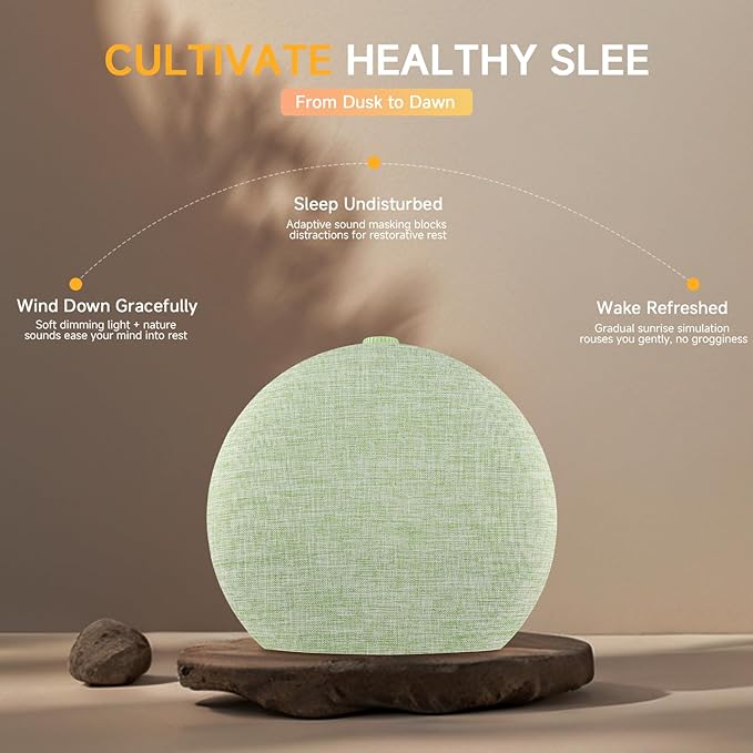 Sunrise Alarm Clock White Noise Sound Machine for Bedroom | Natural Wake-Up Light with 30 Soothing Sleep Aids, Bluetooth Speaker, Dimmable Clock, Screen-Free Design for Baby Kids-Matcha Green