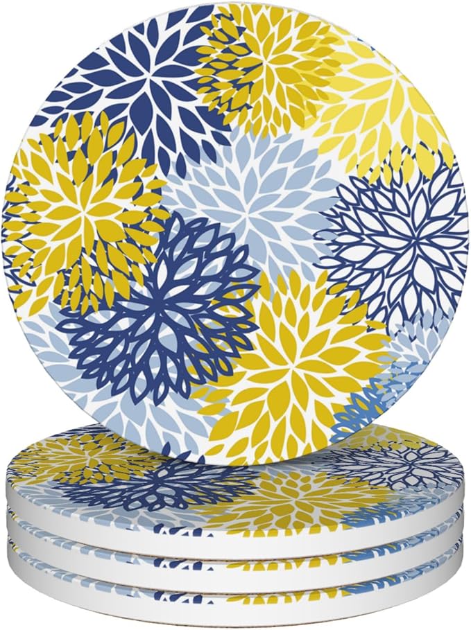 Spring Drinks Coasters Set of 4, Absorbent Cup Mat with Cork Base,Ceramic Stone for Table Home Decor 4" Navy Blue Flower