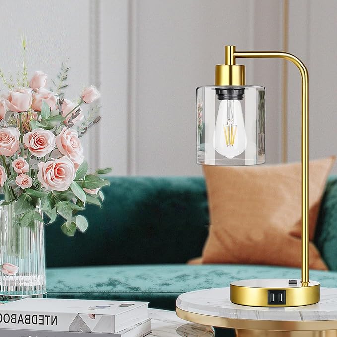 Industrial Touch Control Table Lamps Set of 2 - Gold Nightstand Bedside Lamps with 2 USB Ports & AC Outlet, 3-Way Dimmable Desk Lamp for Bedroom Living Room, Glass Shade & 2 LED Bulbs Included
