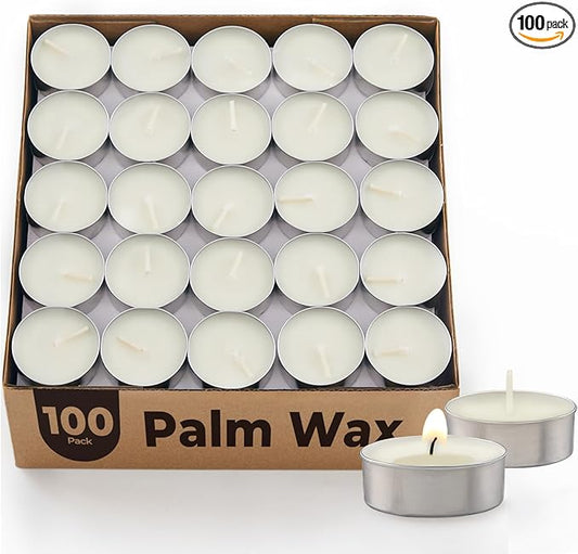 Unscented Palm Tea Lights Candles 100 Pack Bulk, 4.5 Hours Long Burning White Tea Lights,Non-Paraffin, Smokeless, Mini Tealight Votive Candles for Wedding, Christmas Lights, Party, Christmas