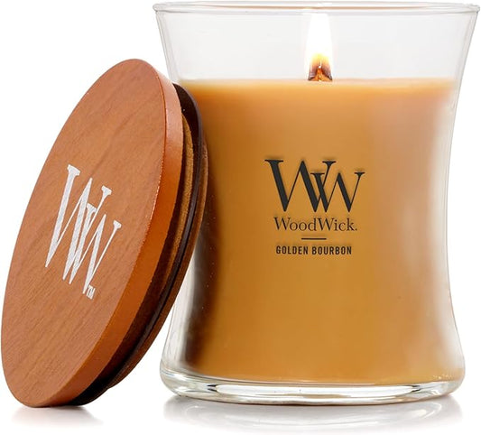 WoodWick Golden Bourbon Holiday Candle Gifts for Women and Men, 9.7 oz Medium Hourglass Candle with Crackling Wick
