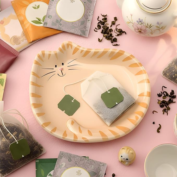 4 Inch Cat Tea Bag Holder Coaster Porcelain Ceramic Tiger Cats Tea Bag Saucer Spoon Rest Soap Dish Coaster for Kitten Lover Gifts Cute Home Parties Portable(Orange Tabby Cat)