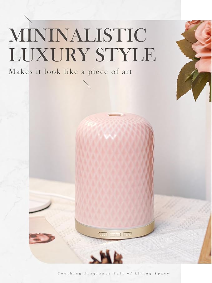 Essential Oil Diffuser for Home, 120ML Diffusers for Essential Oils Large Room, Ceramic Diffuser with USB Cable, Warm Ambient Light, Aromatherapy Diffuser Home Decor, Gift Choice, Pink