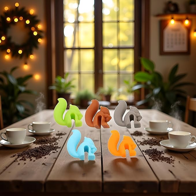 5 Pcs Colorful Cute Squirrel Shape Silicone Tea Bag Holder Cup, Squirrel Drink Markers, Tea Bag Holder for Cup Hanging Tool Mug Candy Colors Gift Set, Tea Bag Coasters