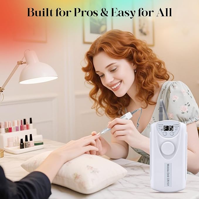 Professional Nail Drill Electric File:COYZU 35000RPM Portable Cordless Nail Drill Machine with Bits, Rechargeable E File for Acrylic & Gel Nails, Manicure & Pedicure Tech Tool for Home Salon, White