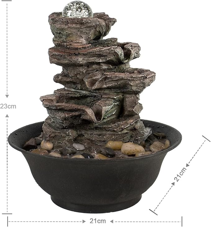Ferrisland Tabletop Rock - Stacked Waterfall Fountain with LED - Lit Crystal Ball, Ideal for Office & Home Decor(Brown Gray)