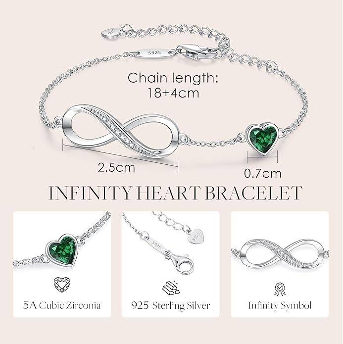 CDE Infinity Heart Birthstone Charm Link Bracelet for Women 925 Sterling Silver Adjustable Mother's Day Gift Anniversary Birthday Jewelry for Wife Girlfriend Her