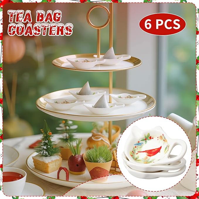 Set of 6 Christmas Winter Birds Tea Bag Holders Porcelain Ceramic Teapot Shaped Coasters Tea Bag Plate Spoon Rests Pad Saucer Seasoning Dish Set for Party Decoration Gifts, 3.7x2.75''