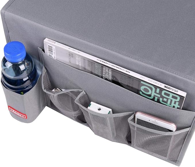 Bedside Caddy,5 Pockets Bedside Organizer Caddy Under Mattress,Holds Water Bottles,Magazines,Books (Dark Grey)