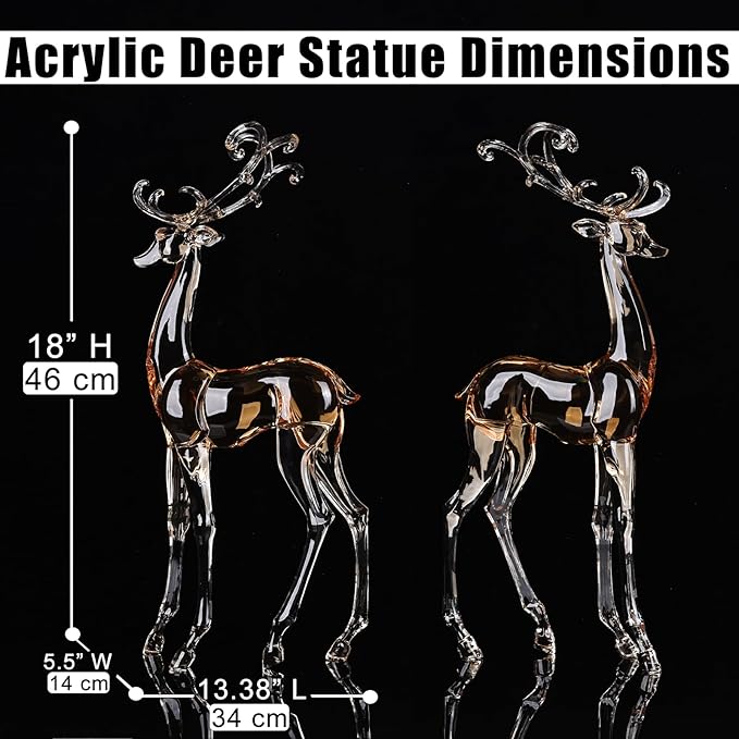 18" Tall Acrylic Christmas Reindeer Figurine - Elegant Clear Large Reindeer Ornaments for Christmas Indoor Decor, Holiday Centerpiece, Living Room, Fireplace, Table Display (Gold Standing Reindeer)