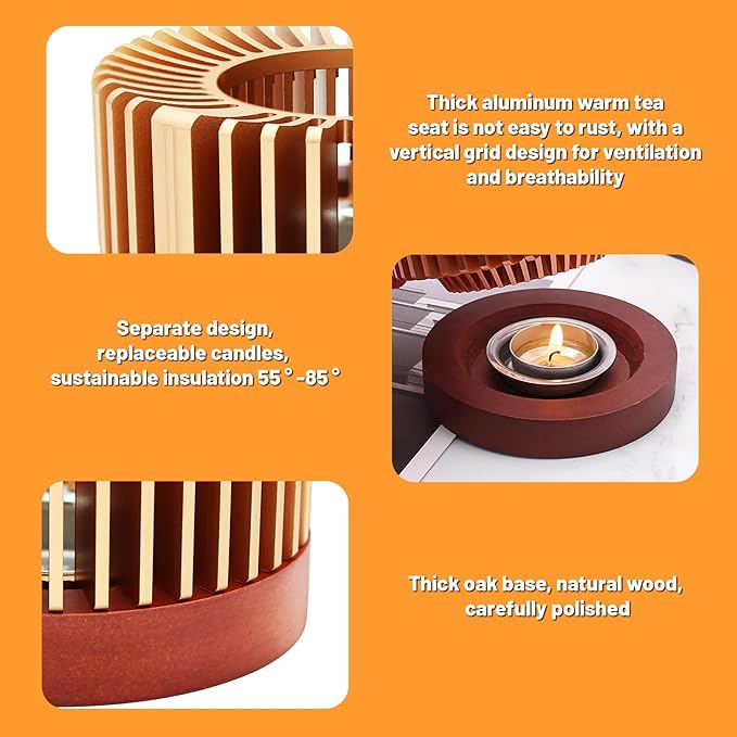 Inmorven Teapot Warmer, Aluminum Tea Warmer with Wooden Base, Candle Heater for Heating Tea, Coffee, Milk, Food,Camping and Traveling, Suitable for All Teapots