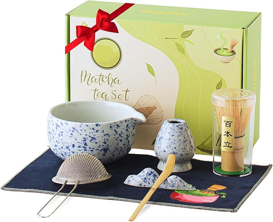 TEPEAK Matcha Whisk Set, 7 Pcs Matcha Set Blue, Matcha Kit for Ceremony, Matcha Tea Set for Making Breakfast/Latte, Ceramic Matcha Bowl (Chawan) with Spout and Bamboo Whisk, Gift for Friend/Family