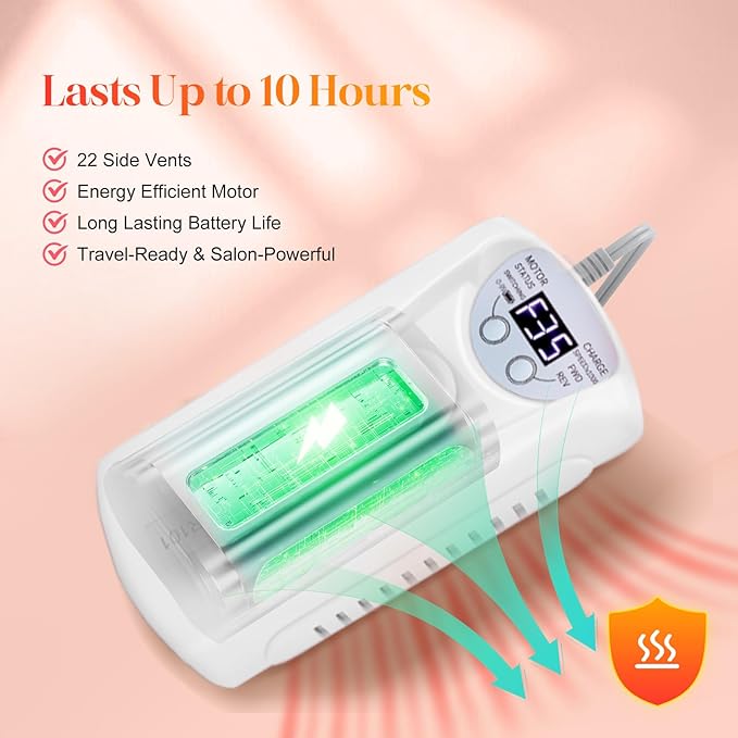 Professional Nail Drill Electric File:COYZU 35000RPM Portable Cordless Nail Drill Machine with Bits, Rechargeable E File for Acrylic & Gel Nails, Manicure & Pedicure Tech Tool for Home Salon, White