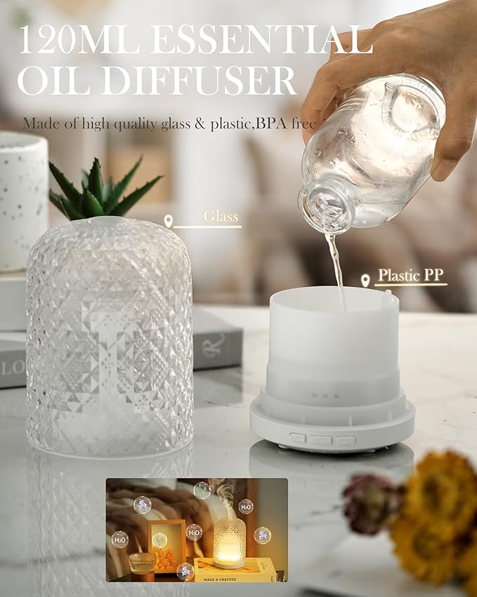 Essential Oil Diffuser – 2.4MHz Ultrasonic Aromatherapy Diffuser, Health Night Light, Timer & Auto Shut-Off, BPA-Free, 120ml Glass Oil Diffuser for Home, Office, Spa, Yoga