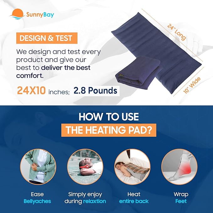 SunnyBay Extra Large Microwave Heating Pad, Microwavable Heavy Weighted Full Body Moist Hot or Cold Pack and Washable Fleece Cover, 10x24 Inches, 2.8 lbs, Navy Blue