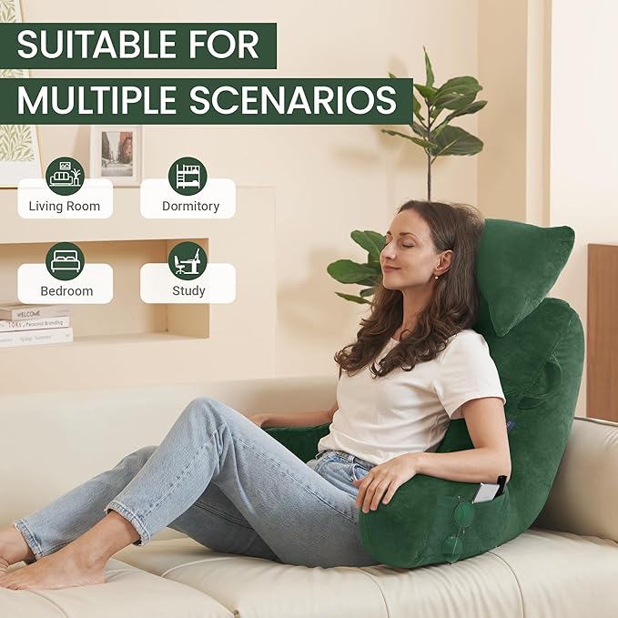Portable Reading Pillows with Headrest for Bed Sitting Up(Green Oeko-Tex), Velvet Back Pillow with Arms & Pockets for Adults, Support Memory Foam Bed Pillow for Dorm/Reading/Watching/Gaming