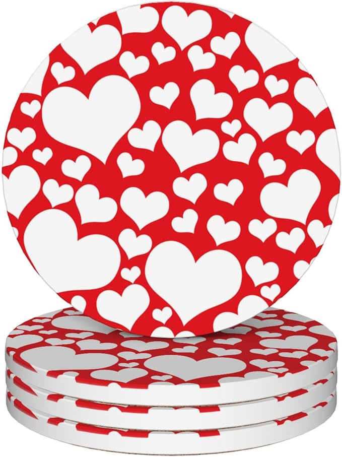 Coasters Set of 4, Red Heart Love Round 4" Cup Coasters, Absorbent Ceramic & Cork Base, Ideal Gifts for Women & Men