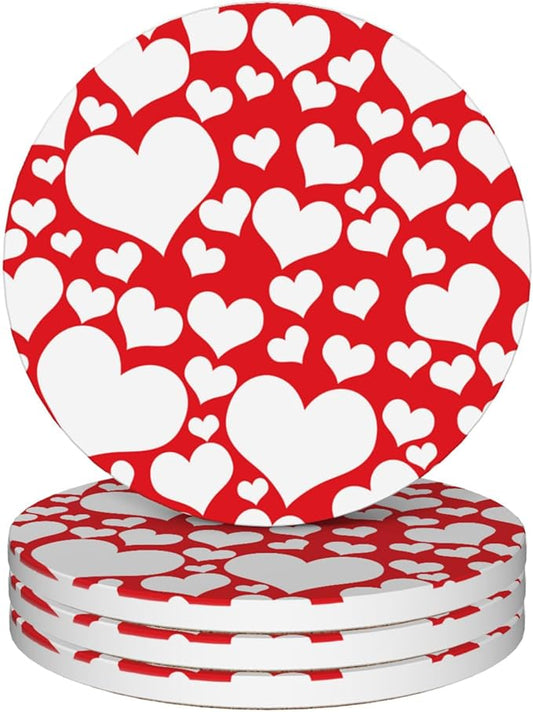 Coasters Set of 4, Red Heart Love Round 4" Cup Coasters, Absorbent Ceramic & Cork Base, Ideal Gifts for Women & Men