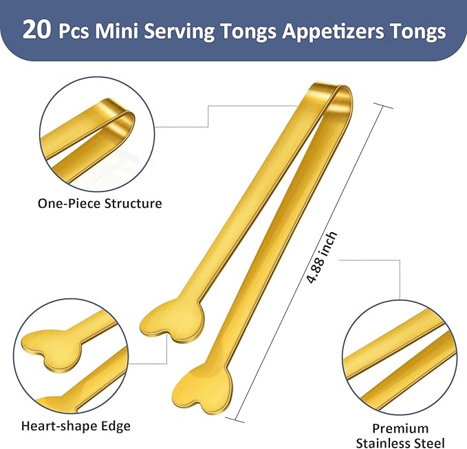 20-Packs Mini Serving Tongs, Stainless Steel Small Appetizers Tongs, Metal Kitchen Tongs, Ice Sugar Tongs for Serving Food (5inch，Gold)