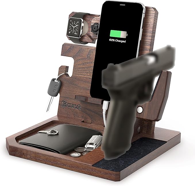 BarvA Phone Docking Station with Patented Adaptive Wood Gun Rack | Night Stand Smart Watch & Phone Stand | Charging Station Desk Organizer | Gun Accessories Storage and Organization
