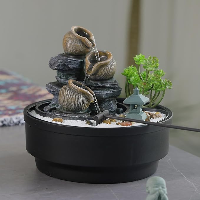 Tabletop Water Fountain with LED Lights & Pagoda, 3 Tiers Crocks Cascading Design,Artificial Flowers, White Stones and Rake, Zen Decor for Office/Living Room/Bedroom/Study (8.5" H)