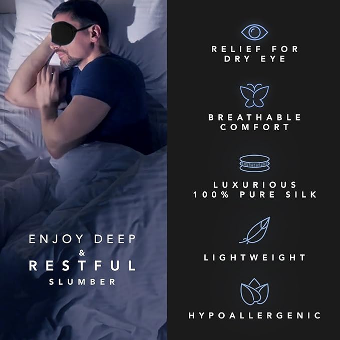 Sleep Mask - 100% Pure Mulberry Silk Eye Mask - with Foam Ear Plugs & Anti Snoring Nose Clip - for Men & Women - Great for Travel - Hypoallergenic Mask