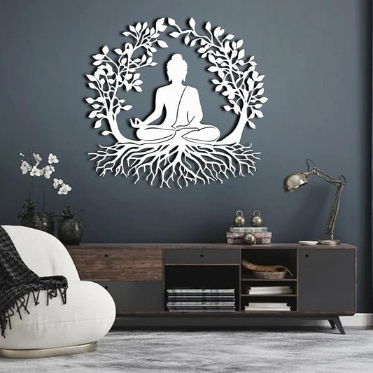 ENJOYOO Tree of Life and Buddha Metal Wall Decor, Tree of Life Wall Art, Buddha Metal Wall Art for Living Room, Bedroom, Outdoor (White, 28×26in/70×66cm, metal wall art)